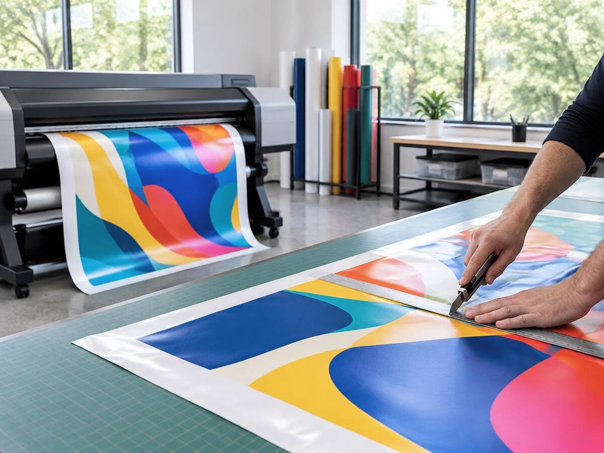 Wide-format printer and a person trimming a printed vinyl graphic in a bright workshop