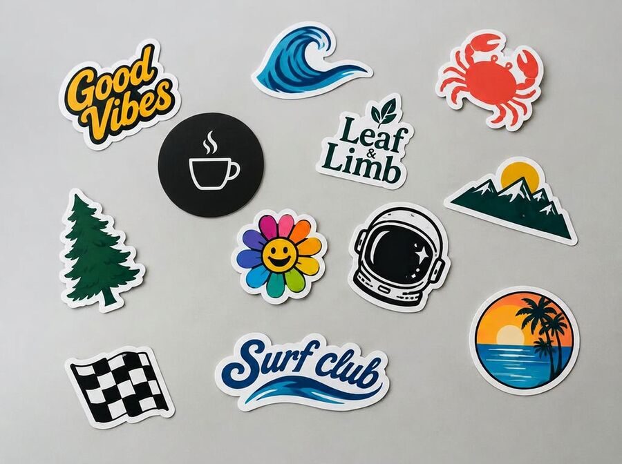 Assorted colourful die-cut stickers on a grey table