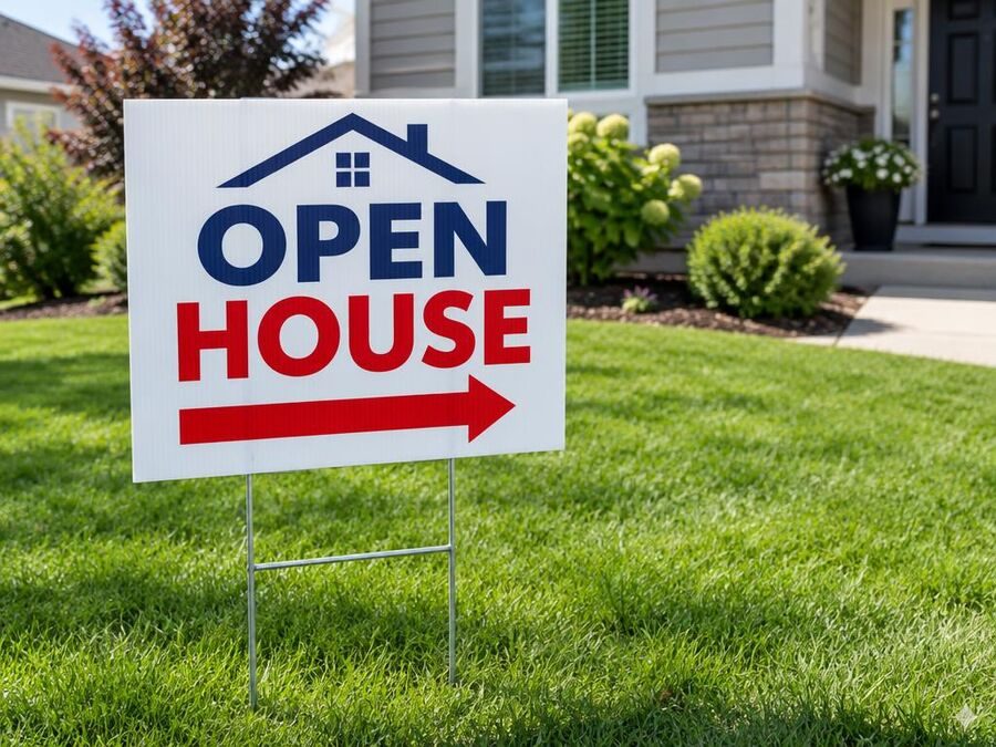 Coroplast open house sign on an H-stake in a front lawn