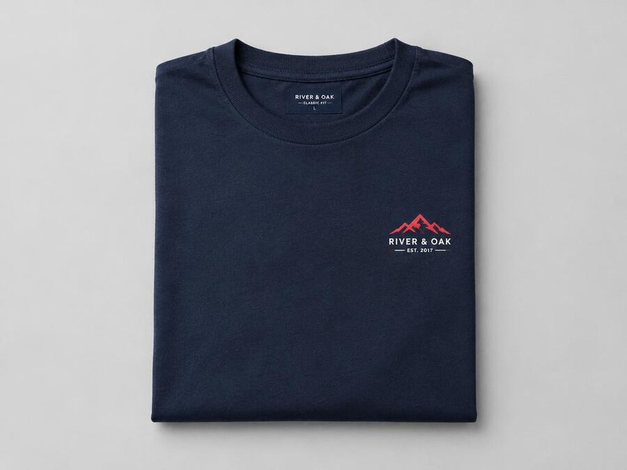 Folded navy t-shirt with a small chest logo